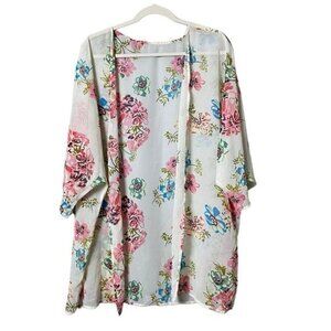 Beachy Bohemian Coverup Wrap Kimono Floral Size L Cream Pink Feminine
